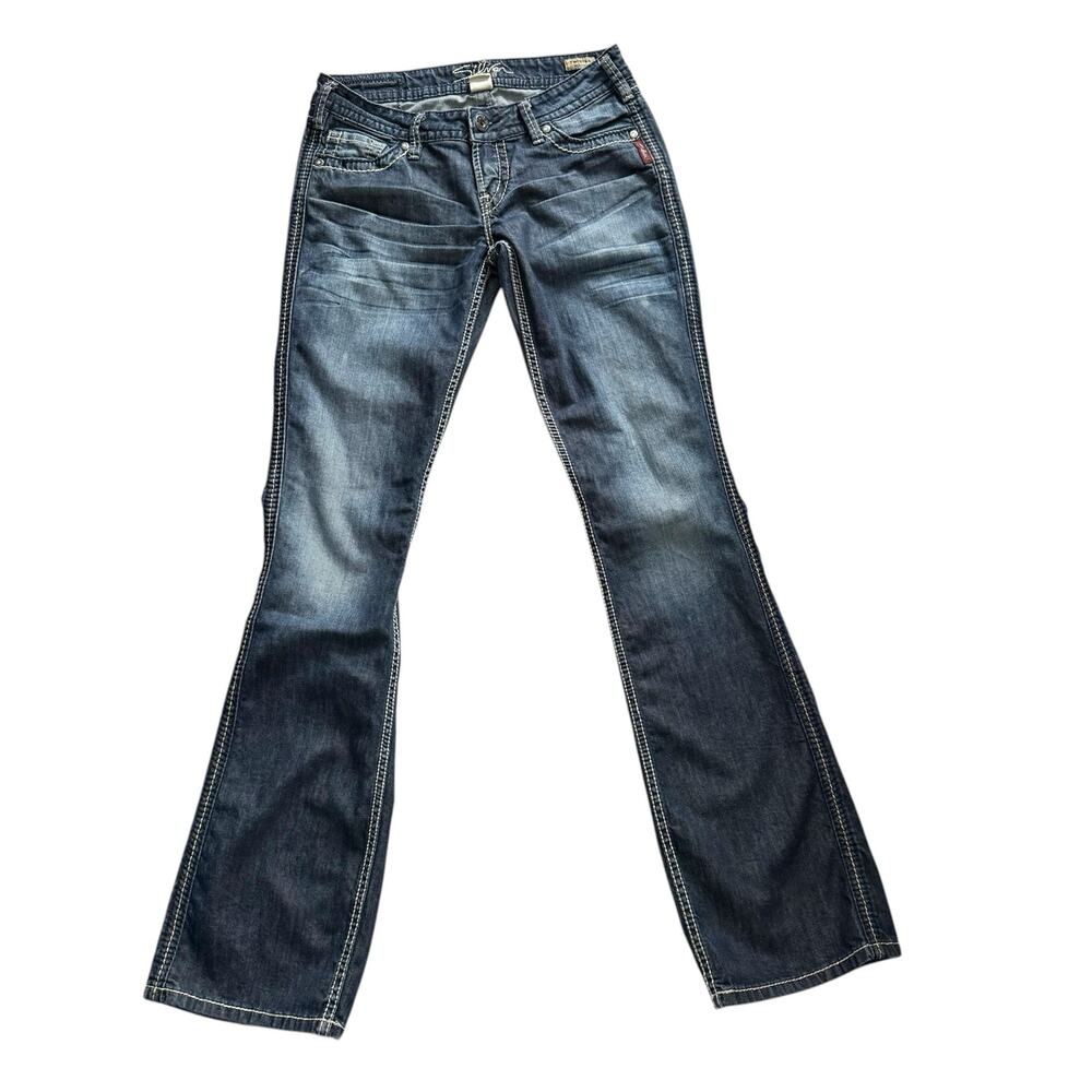 Silver Jeans Women’s Size 27 Blue Twisted Bootcut Medium Wash Stitching Denim